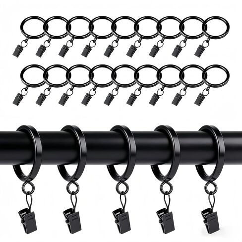 XHLTTBD 40 Pack 1.5 Inch Half-Round Black Curtain Rings with Clips & Eyelets - Heavy Duty Iron, Rustproof, Quiet Glide, Fits 1.2-1.4 Inches (Curtain Rod Required, Non-Drill) in Saudi Arabia