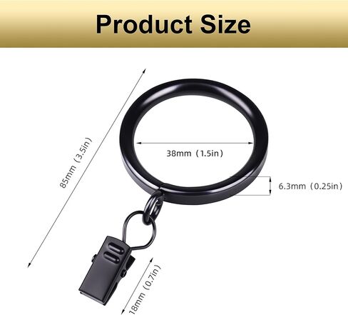 XHLTTBD 40 Pack 1.5 Inch Half-Round Black Curtain Rings with Clips & Eyelets - Heavy Duty Iron, Rustproof, Quiet Glide, Fits 1.2-1.4 Inches (Curtain Rod Required, Non-Drill) in Saudi Arabia