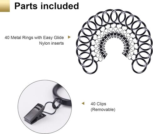 XHLTTBD 40 Pack 1.5 Inch Half-Round Black Curtain Rings with Clips & Eyelets - Heavy Duty Iron, Rustproof, Quiet Glide, Fits 1.2-1.4 Inches (Curtain Rod Required, Non-Drill) in Saudi Arabia