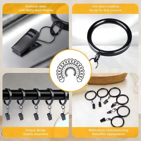 XHLTTBD 40 Pack 1.5 Inch Half-Round Black Curtain Rings with Clips & Eyelets - Heavy Duty Iron, Rustproof, Quiet Glide, Fits 1.2-1.4 Inches (Curtain Rod Required, Non-Drill) in Saudi Arabia