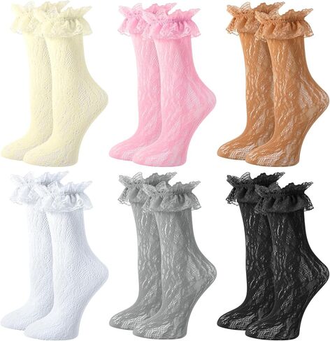 scenicamp 6 Pairs Lace Ruffle Ankle Socks for Women Lolita Frilly Ankle Elastic Cuff Mesh Lace Trim Dress Sock in Saudi Arabia