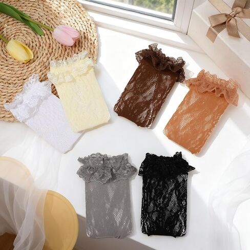 scenicamp 6 Pairs Lace Ruffle Ankle Socks for Women Lolita Frilly Ankle Elastic Cuff Mesh Lace Trim Dress Sock in Saudi Arabia