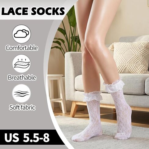scenicamp 6 Pairs Lace Ruffle Ankle Socks for Women Lolita Frilly Ankle Elastic Cuff Mesh Lace Trim Dress Sock in Saudi Arabia