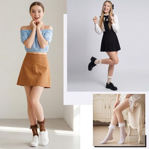 scenicamp 6 Pairs Lace Ruffle Ankle Socks for Women Lolita Frilly Ankle Elastic Cuff Mesh Lace Trim Dress Sock in Saudi Arabia
