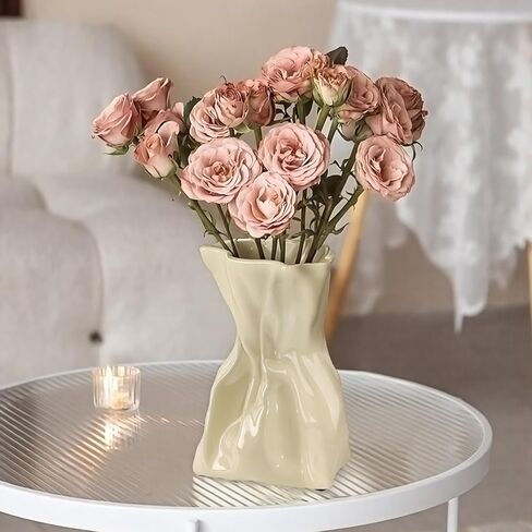 GarDream 7.6 Inch Glossy Cream Ceramic Vase, Unique Crinkled Paper Bag Vase for Flower, Boho Vases for Home Decor, Wedding Centerpiece Table, Decorative Flower Vases for Entryway, Kitchen, Living Room in Saudi Arabia