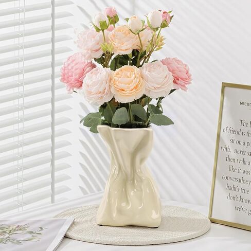 GarDream 7.6 Inch Glossy Cream Ceramic Vase, Unique Crinkled Paper Bag Vase for Flower, Boho Vases for Home Decor, Wedding Centerpiece Table, Decorative Flower Vases for Entryway, Kitchen, Living Room in Saudi Arabia