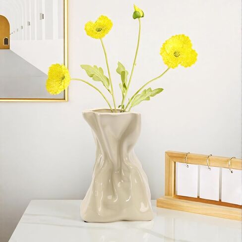 GarDream 7.6 Inch Glossy Cream Ceramic Vase, Unique Crinkled Paper Bag Vase for Flower, Boho Vases for Home Decor, Wedding Centerpiece Table, Decorative Flower Vases for Entryway, Kitchen, Living Room in Saudi Arabia