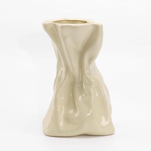 GarDream 7.6 Inch Glossy Cream Ceramic Vase, Unique Crinkled Paper Bag Vase for Flower, Boho Vases for Home Decor, Wedding Centerpiece Table, Decorative Flower Vases for Entryway, Kitchen, Living Room in Saudi Arabia