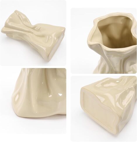 GarDream 7.6 Inch Glossy Cream Ceramic Vase, Unique Crinkled Paper Bag Vase for Flower, Boho Vases for Home Decor, Wedding Centerpiece Table, Decorative Flower Vases for Entryway, Kitchen, Living Room in Saudi Arabia