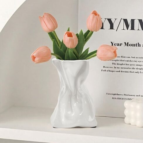 GarDream 7.6 Inch Glossy Cream Ceramic Vase, Unique Crinkled Paper Bag Vase for Flower, Boho Vases for Home Decor, Wedding Centerpiece Table, Decorative Flower Vases for Entryway, Kitchen, Living Room in Saudi Arabia