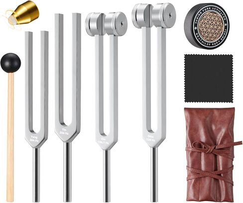 Sound Healing Tuning Fork Set - Tuning Forks for Chakra Alignment & Stress Relief – Otto 128Hz, Earth Om 136Hz, Yin 256Hz, Yang 384Hz, Activator & Pouch – Ideal for Meditation & Home Therapy in Saudi Arabia