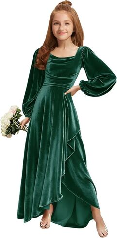 MRHUSH Junior Bridesmaid Dresses Long Sleeve Velvet Flower Girl Dress High Low Prom Dresses for Teens Girls Formal Dress in Saudi Arabia