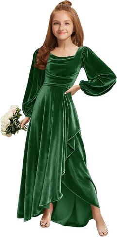 MRHUSH Junior Bridesmaid Dresses Long Sleeve Velvet Flower Girl Dress High Low Prom Dresses for Teens Girls Formal Dress in Saudi Arabia