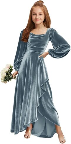MRHUSH Junior Bridesmaid Dresses Long Sleeve Velvet Flower Girl Dress High Low Prom Dresses for Teens Girls Formal Dress in Saudi Arabia