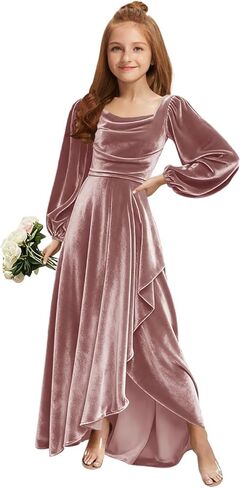 MRHUSH Junior Bridesmaid Dresses Long Sleeve Velvet Flower Girl Dress High Low Prom Dresses for Teens Girls Formal Dress in Saudi Arabia