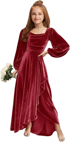 MRHUSH Junior Bridesmaid Dresses Long Sleeve Velvet Flower Girl Dress High Low Prom Dresses for Teens Girls Formal Dress in Saudi Arabia