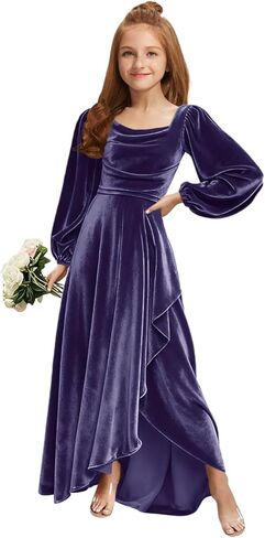 MRHUSH Junior Bridesmaid Dresses Long Sleeve Velvet Flower Girl Dress High Low Prom Dresses for Teens Girls Formal Dress in Saudi Arabia