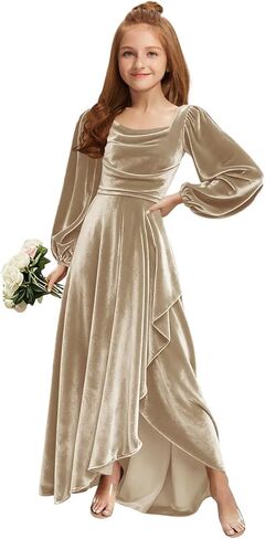 MRHUSH Junior Bridesmaid Dresses Long Sleeve Velvet Flower Girl Dress High Low Prom Dresses for Teens Girls Formal Dress in Saudi Arabia