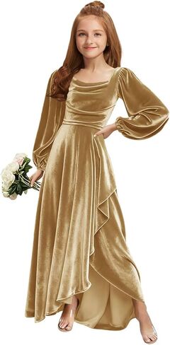 MRHUSH Junior Bridesmaid Dresses Long Sleeve Velvet Flower Girl Dress High Low Prom Dresses for Teens Girls Formal Dress in Saudi Arabia