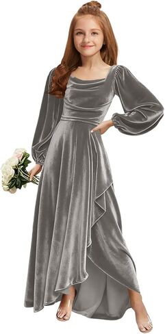 MRHUSH Junior Bridesmaid Dresses Long Sleeve Velvet Flower Girl Dress High Low Prom Dresses for Teens Girls Formal Dress in Saudi Arabia