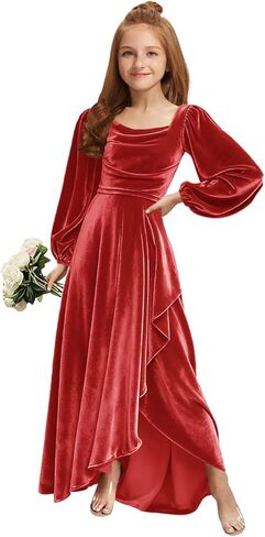 MRHUSH Junior Bridesmaid Dresses Long Sleeve Velvet Flower Girl Dress High Low Prom Dresses for Teens Girls Formal Dress in Saudi Arabia