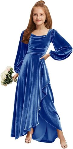 MRHUSH Junior Bridesmaid Dresses Long Sleeve Velvet Flower Girl Dress High Low Prom Dresses for Teens Girls Formal Dress in Saudi Arabia
