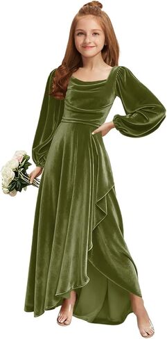 MRHUSH Junior Bridesmaid Dresses Long Sleeve Velvet Flower Girl Dress High Low Prom Dresses for Teens Girls Formal Dress in Saudi Arabia