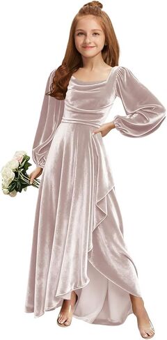 MRHUSH Junior Bridesmaid Dresses Long Sleeve Velvet Flower Girl Dress High Low Prom Dresses for Teens Girls Formal Dress in Saudi Arabia