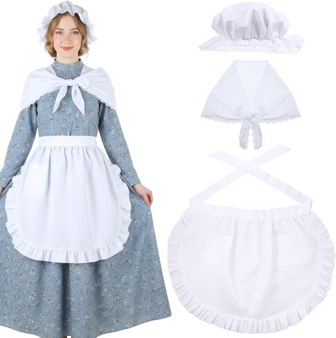 Tucnoeu 3 Pcs Halloween Colonial Costume Women Set: White Mob Cap Bonnet Shawl Waist Apron Pilgrim Costume Girls Cosplay in Saudi Arabia