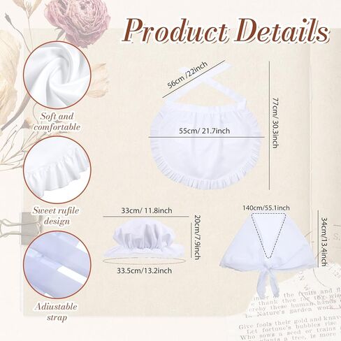 Tucnoeu 3 Pcs Halloween Colonial Costume Women Set: White Mob Cap Bonnet Shawl Waist Apron Pilgrim Costume Girls Cosplay in Saudi Arabia