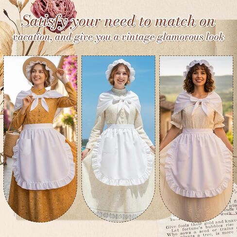 Tucnoeu 3 Pcs Halloween Colonial Costume Women Set: White Mob Cap Bonnet Shawl Waist Apron Pilgrim Costume Girls Cosplay in Saudi Arabia