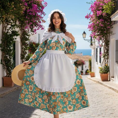 Tucnoeu 3 Pcs Halloween Colonial Costume Women Set: White Mob Cap Bonnet Shawl Waist Apron Pilgrim Costume Girls Cosplay in Saudi Arabia