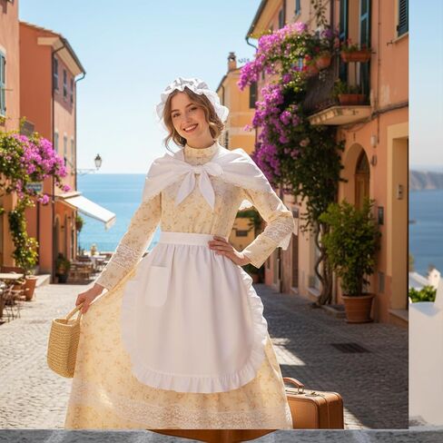 Tucnoeu 3 Pcs Halloween Colonial Costume Women Set: White Mob Cap Bonnet Shawl Waist Apron Pilgrim Costume Girls Cosplay in Saudi Arabia