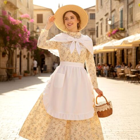 Tucnoeu 3 Pcs Halloween Colonial Costume Women Set: White Mob Cap Bonnet Shawl Waist Apron Pilgrim Costume Girls Cosplay in Saudi Arabia