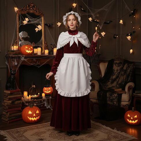 Tucnoeu 3 Pcs Halloween Colonial Costume Women Set: White Mob Cap Bonnet Shawl Waist Apron Pilgrim Costume Girls Cosplay in Saudi Arabia