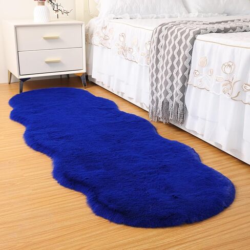 Fluffy Synthetic Rabbit Fur Area Rug Furry Floor mat Machine Washable Non-Slip Backing High Density Floor and Sofa Seat Cushions for Living Room White and Blue 2x6 ft in Saudi Arabia
