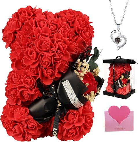 Romantic Valentines Gift for Her,Artificial Rose Teddy Bear with I Love You Necklace in 100 Languages Gift Set, the Perfect Anniversary or Birthday Present for Girlfriend, Wife, or Mom (Pink ) in Saudi Arabia