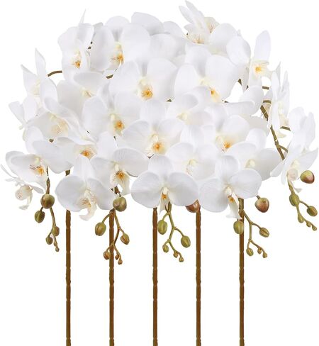 UUXX White Orchids Artificial Flowers 5PCS Fake Orchid 35.4" Long Stem Faux White Flowers Silk Orchids That Look Real for Bridal Shower Home Party Wedding Decoration in Saudi Arabia