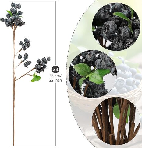 OBDXZHC 4 Pcs 22inch Artificial Blueberries Stem with Green Leaves, Artificial Stems Blueberry Picks Fruit Fake Silk Flowers for Centerpieces Farmhouse Holiday Party Wedding Decor (Blue) in Saudi Arabia
