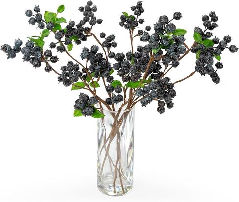 OBDXZHC 4 Pcs 22inch Artificial Blueberries Stem with Green Leaves, Artificial Stems Blueberry Picks Fruit Fake Silk Flowers for Centerpieces Farmhouse Holiday Party Wedding Decor (Blue) in Saudi Arabia