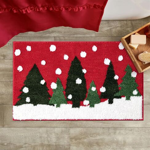 RoomTalks Cute Christmas Tree Bath Mat Non Slip Washable, 16x24 Vintage Country Festive Red Winter Snowflake Woodland Pine Tree Xmas Snow Bath Rugs Mat for Bathroom Christmas in Saudi Arabia