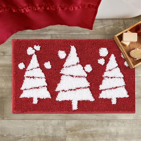 RoomTalks Cute Christmas Tree Bath Mat Non Slip Washable, 16x24 Vintage Country Festive Red Winter Snowflake Woodland Pine Tree Xmas Snow Bath Rugs Mat for Bathroom Christmas in Saudi Arabia