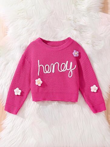 Girls Knit Sweater Honey Embroidered Pullover with 3D Flower Appliques Long Sleeve Crewneck Winter Tops in Saudi Arabia