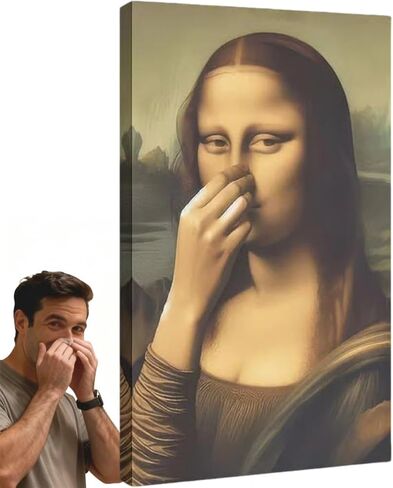 Piece Mimics Mona Lisa Bathroom Wall, Funny Mona Lisa Pinching Nose Poster Bathroom Wall Art Decoration, Vintage Humor Toilet Poster Print for Bathrooms Washroom Ornament(Framed,11.8x15.7in) in Saudi Arabia