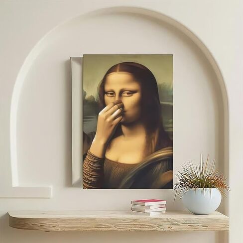 Piece Mimics Mona Lisa Bathroom Wall, Funny Mona Lisa Pinching Nose Poster Bathroom Wall Art Decoration, Vintage Humor Toilet Poster Print for Bathrooms Washroom Ornament(Framed,11.8x15.7in) in Saudi Arabia