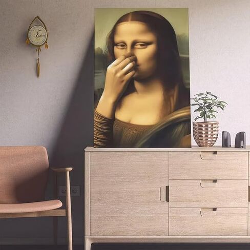 Piece Mimics Mona Lisa Bathroom Wall, Funny Mona Lisa Pinching Nose Poster Bathroom Wall Art Decoration, Vintage Humor Toilet Poster Print for Bathrooms Washroom Ornament(Framed,11.8x15.7in) in Saudi Arabia