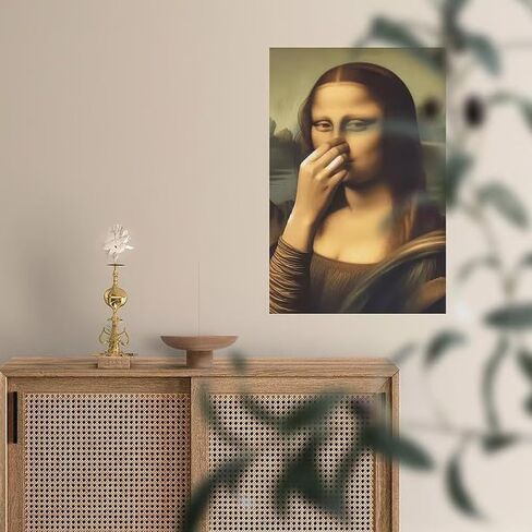 Piece Mimics Mona Lisa Bathroom Wall, Funny Mona Lisa Pinching Nose Poster Bathroom Wall Art Decoration, Vintage Humor Toilet Poster Print for Bathrooms Washroom Ornament(Framed,11.8x15.7in) in Saudi Arabia