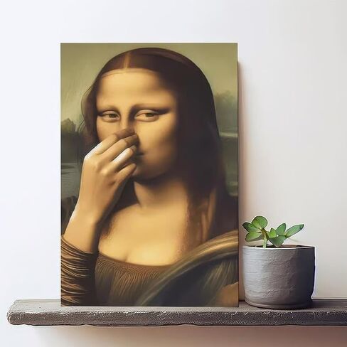 Piece Mimics Mona Lisa Bathroom Wall, Funny Mona Lisa Pinching Nose Poster Bathroom Wall Art Decoration, Vintage Humor Toilet Poster Print for Bathrooms Washroom Ornament(Framed,11.8x15.7in) in Saudi Arabia