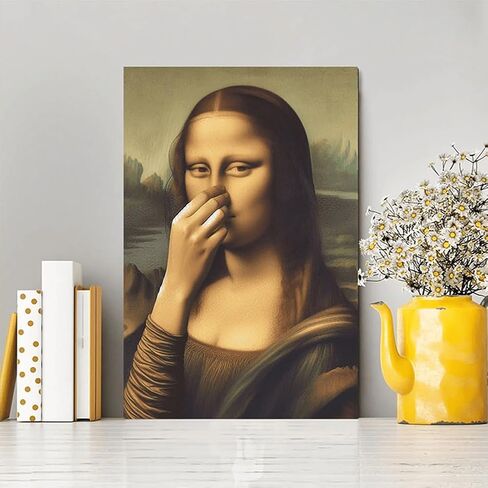 Piece Mimics Mona Lisa Bathroom Wall, Funny Mona Lisa Pinching Nose Poster Bathroom Wall Art Decoration, Vintage Humor Toilet Poster Print for Bathrooms Washroom Ornament(Framed,11.8x15.7in) in Saudi Arabia