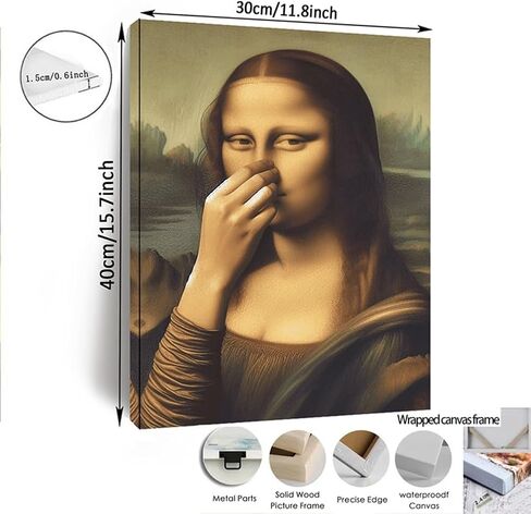 Piece Mimics Mona Lisa Bathroom Wall, Funny Mona Lisa Pinching Nose Poster Bathroom Wall Art Decoration, Vintage Humor Toilet Poster Print for Bathrooms Washroom Ornament(Framed,11.8x15.7in) in Saudi Arabia